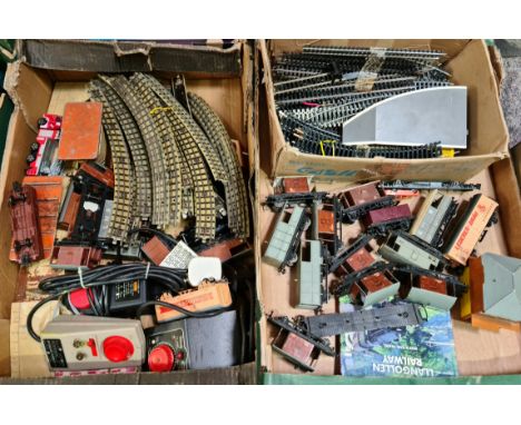 Two boxes of assorted Hornby/Triang 00 gauge model railway including wagons, track etc.  