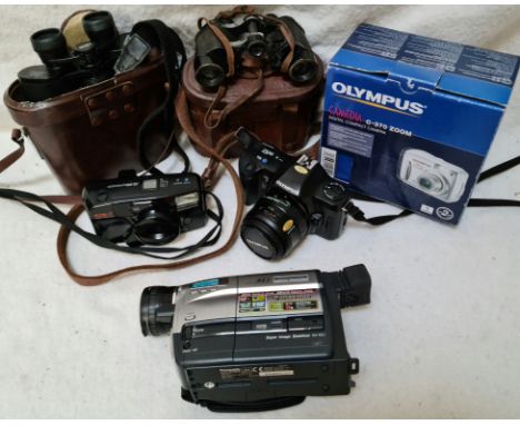 A box of cameras and binoculars to include Carl Zeiss, Olympus OM101, Olympus AZ-210 and a Panasonic video camera etc.  