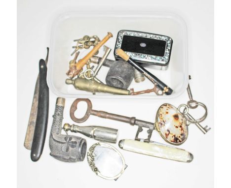 A mixed lot including a shell snuff box, another snuff box, a cut throat razor, pipe bowls, watch keys etc.  