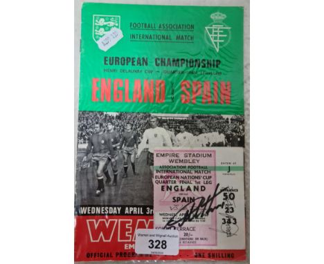 1968 England 1/4 final European Championship programme &amp; match ticket, signed by Geoff Hurst &amp; Bobby Moore.  