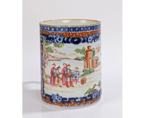 19th Century Chinese porcelain mug, with bamboo effect handle, the trefoil form scale effect ground with central cartouche de