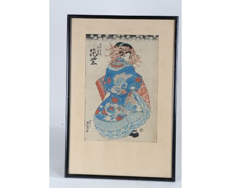 Japanese woodblock print, of a figure wearing a blue and red kimono, with character marks, housed within an ebonised and glaz