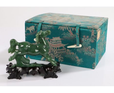 20th Century Chinese spinach jade horse, with ebonised plinth, 13cm wide, with original fitted box