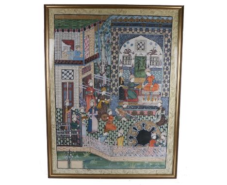 Large Persian painting, depicting a seated figure surrounded by attendants playing instruments and offering food, housed with