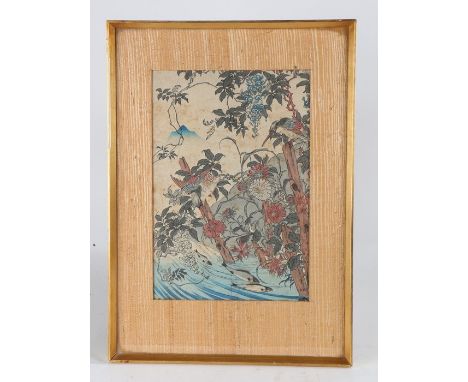 19th Century Japanese woodblock print, study of perched birds above a stream with fish below, housed within a gilt and glazed