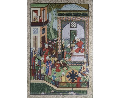 Large Persian painting, depicting a seated figure surrounded by attendants playing instruments and offering food, housed with