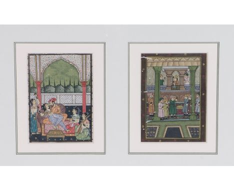 Indian school miniatures, with two panels in one frame, the first showing a courting couple with harem, the second figures wa