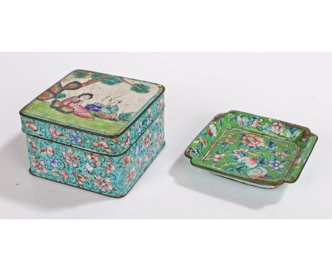 Republic of China enamel box and cover, of square form, the lift up lid with seated figures under a tree, the body with pink 