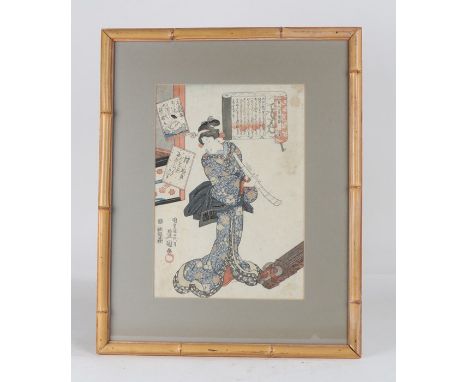 Japanese School print, of a standing figure wearing a long blue flowing kimono, with script and character marks, housed withi