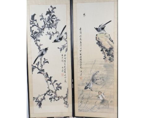 Pair of Chinese school watercolours, the first of two perched birds amongst foliage, the second of a bird with fish below, bo