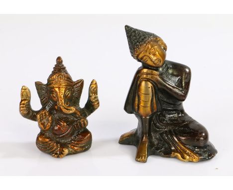 Two Indian gilt bronzed figures, the first Buddha, modelled in a seated position, 9cm high, and Ganesh, 6.5cm high (2)