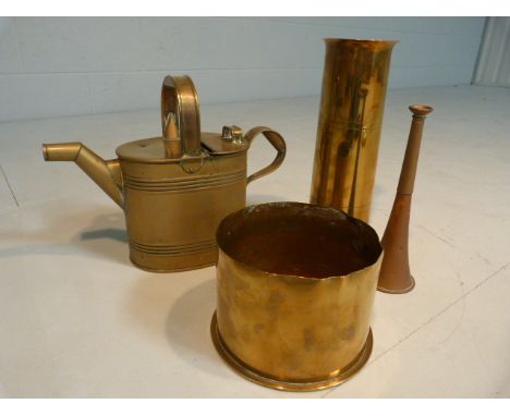 Trench Art - Two shell cases converted to vases. 1 dated 1917 the other Aug 1914 Magdeburg. Along with brass oil can and a co