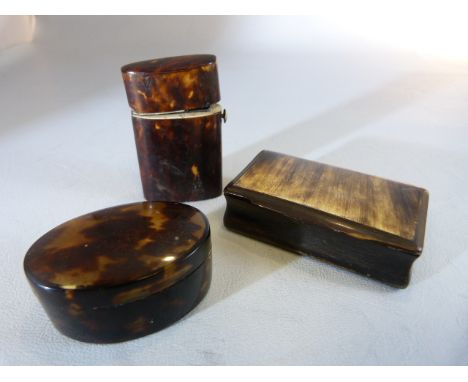 Horn rectangular snuff box along with a Tortoise shell match holder and one other 