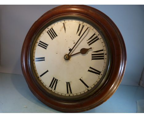Mahogany cased Antique circular fusee wall clock. Missing circular glass bezel face. Enamelled dial with Roman Numeral chapte