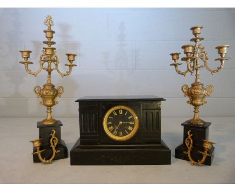 Antique marble clock with Garniture decorated in Gilt. Garniture A/F