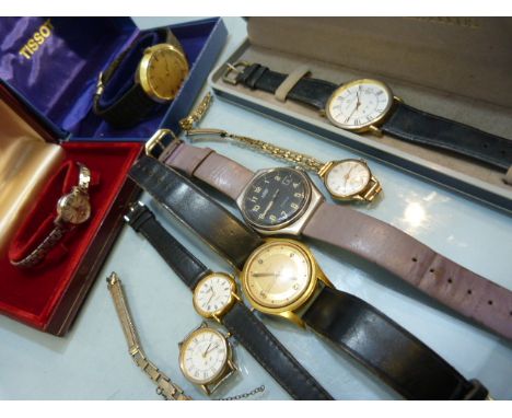 Six wrist watches to include Raymond Weil, Tissot Stylist, UNO Quartz, Longines & a 9ct Gold cased ladies dress watch