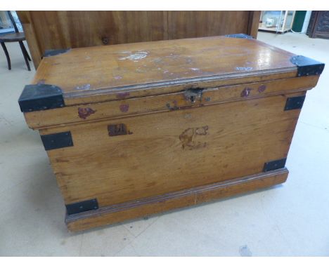 Metal bound pine trunk with cast iron lock and handles