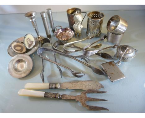 Unusual collection of silver plate to include a rattle in the form of a small boy, loose tea infuser in the form of a Teapot 