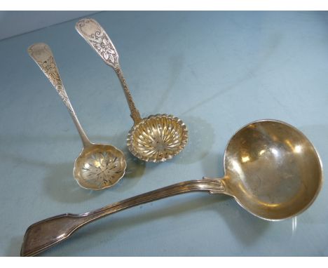 Silver spoons: A ladle London 1841 maker III, and two sugar sifter spoons both London 1862 & 1897, makers Elizabeth & John Ea