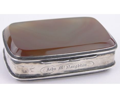 A George III Scottish silver and agate snuff box,with inset banded agate top and moss agate bottom, makers marks P A, Glasgow