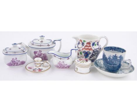 A group of English ceramics,including a Sunderland lustre bachelor's 3-piece teaset, miniature Derby chamberstick, Worcester 
