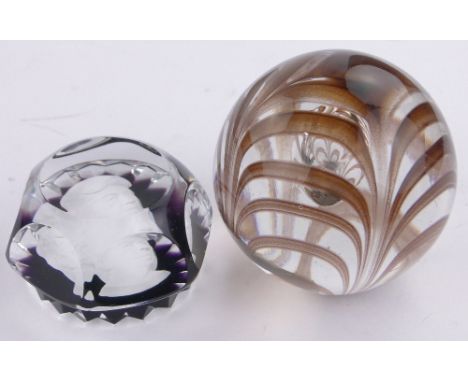 A Baccarat glass paperweight with Cameo portrait of Eleanor Roosevelt,diameter 6.5cm and a Langham glass paperweight, diamete