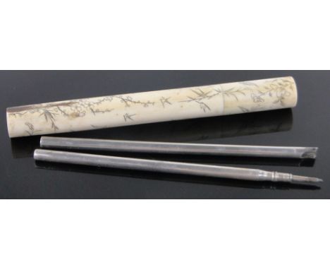 An Asprey's silver dip pen and pencil,and a Chinese cylindrical ivory pen case circa 1900, with engraved bird and floral desi