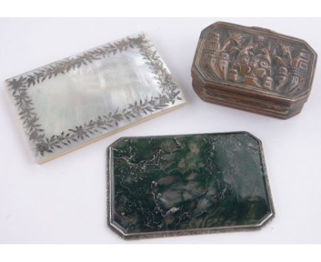 A silver inlaid mother of pearl note book,length 9cm, an agate and silver plaque and an early snuff box, (3).