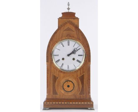 A reproduction Kingwood and marquetry inlaid lancet topped bracket clock,2-train striking 8-day movement, height 52cm.
