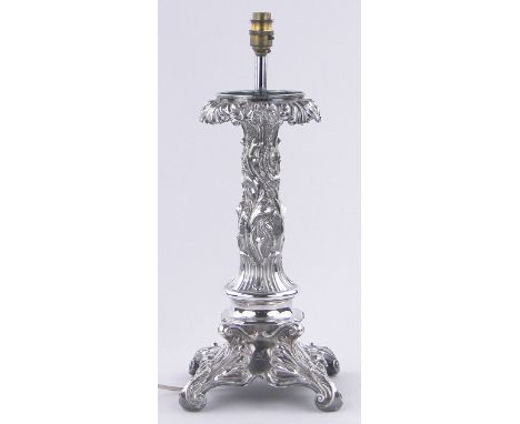 An ornate 19th century electroplate table lamp in Rococo style,with elaborate acanthus decorated column, height excluding fit
