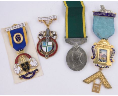 A 9ct gold and enamel Masonic medal,Horus Lodge, 37g gross, together with a Territorial Army medal and 2 other gilt metal Mas