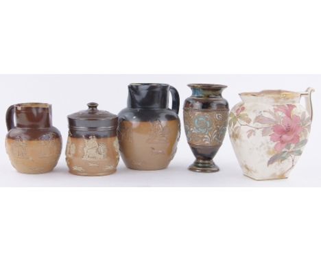 5 Pieces of Doulton pottery,including 2 Stoneware flagons, a Stoneware hunting tobacco pot, etc., (5).