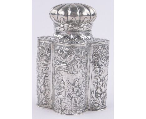 An ornate 19th century continental silver tea caddy,of lobed oval form with relief rural scenes and birds, marked 800, height