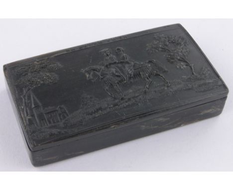 A 19th century novelty horn snuff box,La Bonne Prise, depicting a couple on horseback, length 9cm.