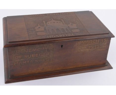 A First War period mahogany box made at Brighton Pavilion Hospital,the lid having a relief carved design of the Pavilion, the