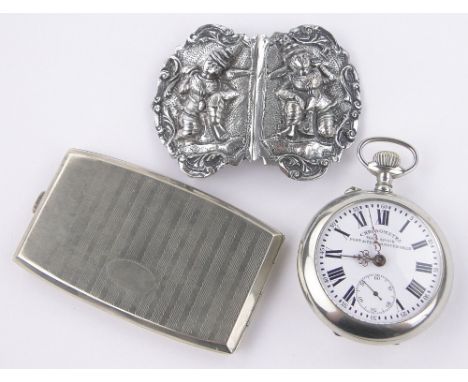 A nickel cased chronometer pocket watch for train and post,case width 50mm, together with a plated belt buckle and cigarette 