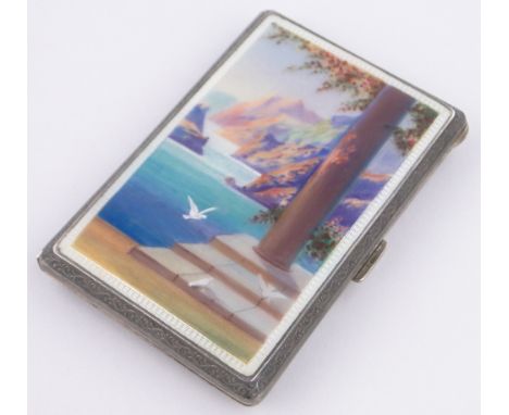 A continental silver and enamel cigarette case,hand painted enamel lid depicting Italian Riviera, makers marks F B R, import 
