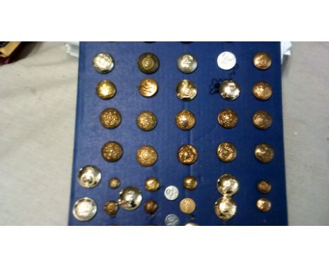 British Military Badge Board (50) including: Royal Navy, RAF, Royal Army Medical Corps, Signals, ARP, etc. Mostly brass with 