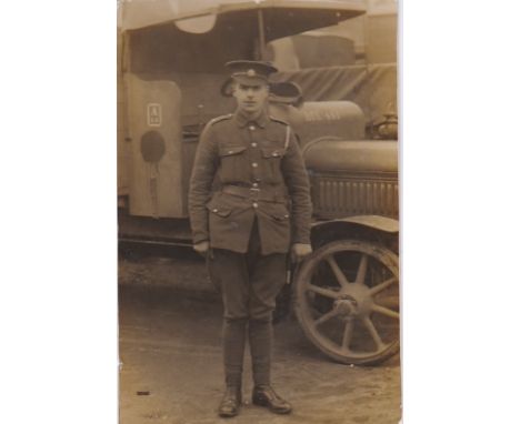 Postcard-Military - WWI classic RP postcard Army Service Corp's Driver beside a military truck, Reg.BUL481, very rigid tyres.