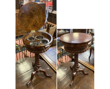 WALNUT VICTORIAN TEAPOY TABLE WITH GLASS MIXING BOWL