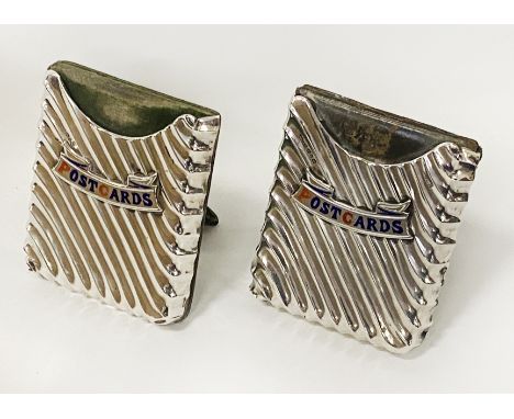 TWO SILVER &amp; ENAMELLED POSTCARD HOLDERS - HALLMARKED