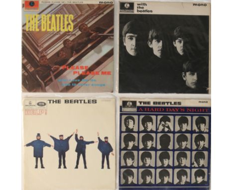 THE BEATLES - STUDIO LPs. Great pack of 4 x early/original 60s 'black/yellow' Parlophone LPs. Titles are Please Please Me (mo