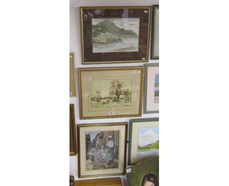 2 watercolours & print - Coastal scene, Herdwick Ram & Street scene