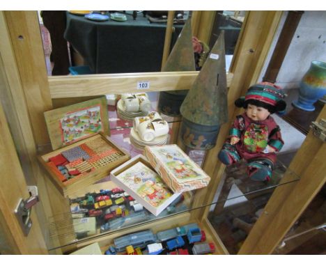 Shelf of toys to include Lucy Atwell moneybox & doll