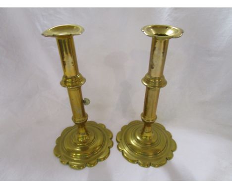 Collection of brass & copper to include early candlesticks & early snuff box