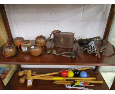 Shelf of collectables to include stirrups etc