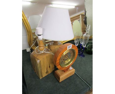 Pair of wooden table lamps & clock