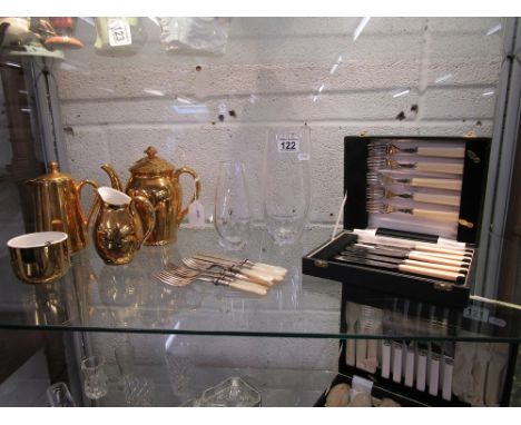 Shelf of collectables to include Worcester, Glass & Fish Knives & Forks