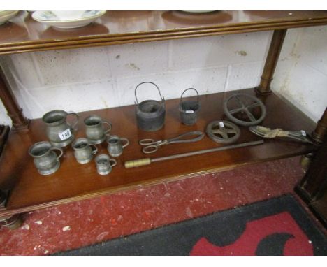 Shelf of pewter & ironwork etc