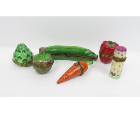 Six various Limoges pill/trinket boxes to include a pepper, asparagus, artichoke, carrot and two others